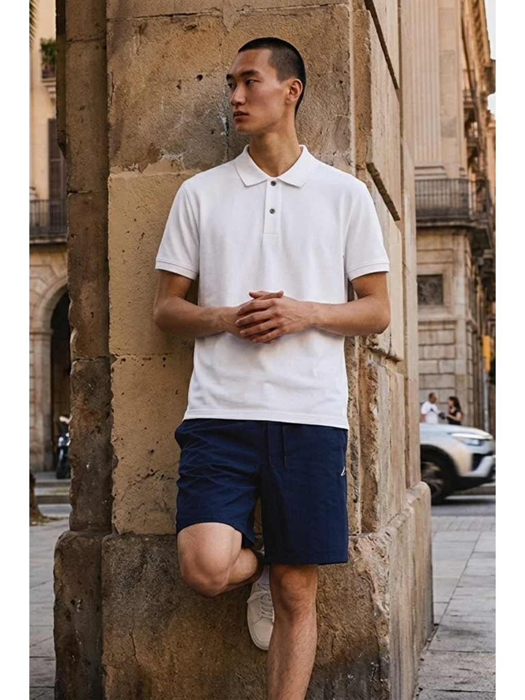 Erkek Basic Bol Beyaz Polo Yaka Tişört-4