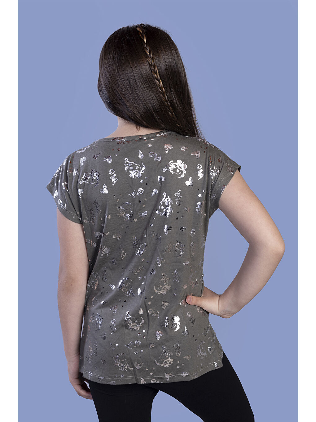 Haki Kız Çocuk Varak Baskılı Tişört-1