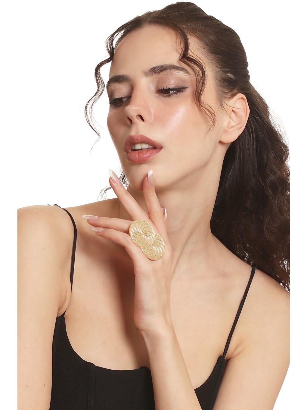 Sarı Kadın Lak Gümüş Renk Kaplama Ayarlanabilir Spiral Baskılı Tasarım Yüzük-1