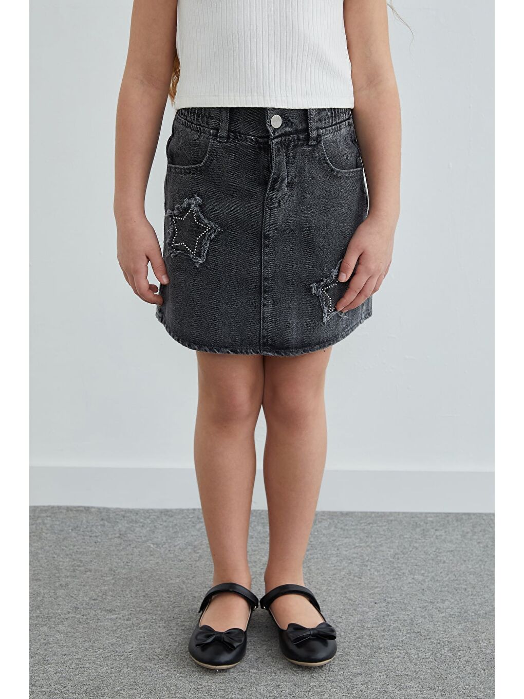 Antrasit Beli Lastikli Yıldız Nakışlı Taşlı Kız Çocuk Jean Etek-1