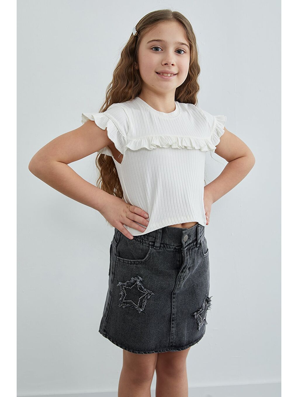 Antrasit Beli Lastikli Yıldız Nakışlı Taşlı Kız Çocuk Jean Etek-2