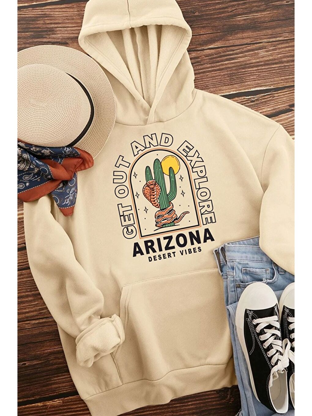 uyguntarz Bej Unisex Arizona Baskılı Sweatshirt