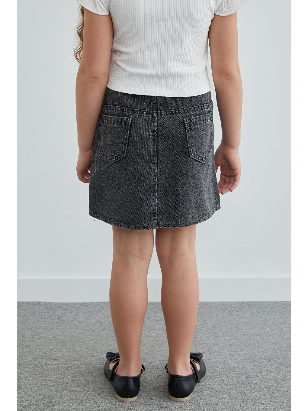 Antrasit Beli Lastikli Yıldız Nakışlı Taşlı Kız Çocuk Jean Etek-4