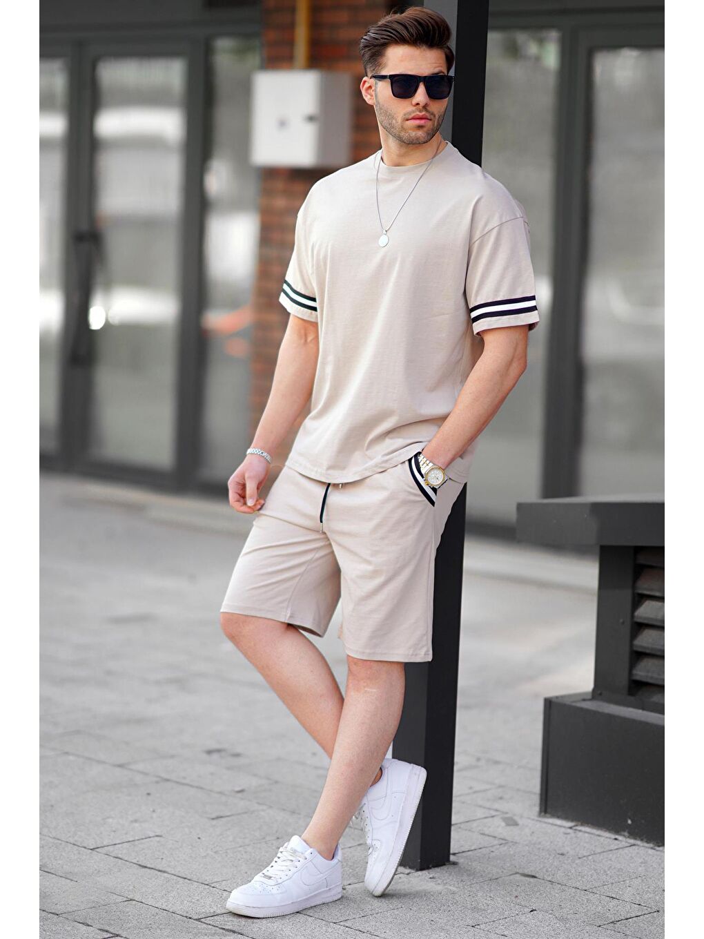 Bej Bisiklet Yaka Erkek Şort Takımı 5951