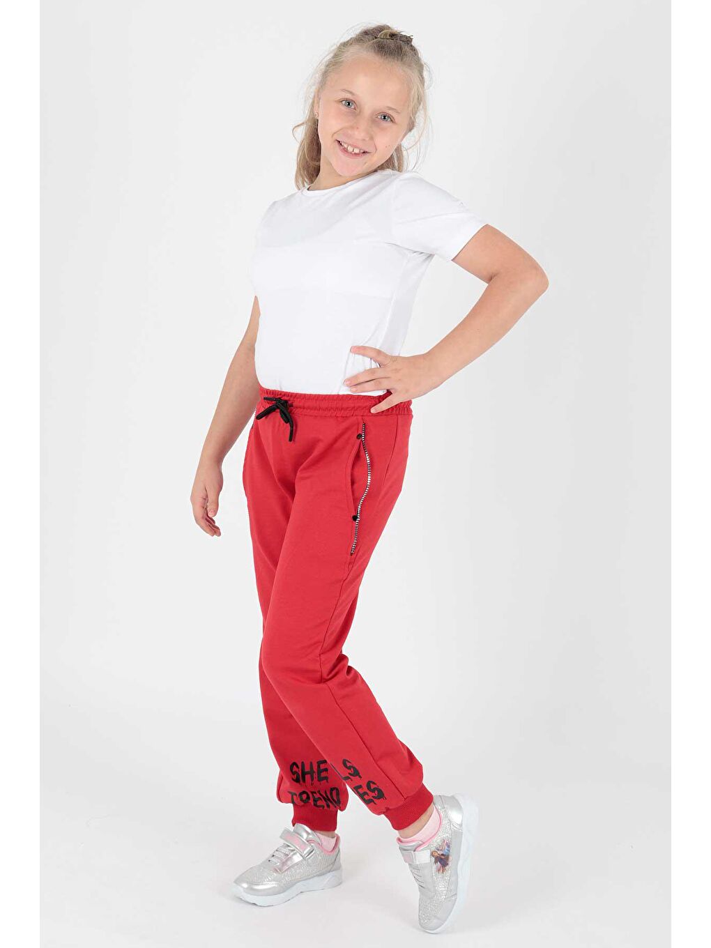 Kırmızı Kids Kız Trend Baskılı Eşofman Altı Cepli Bağcıklı Lastikli Dar Paça Eşofman Altı Ak722422