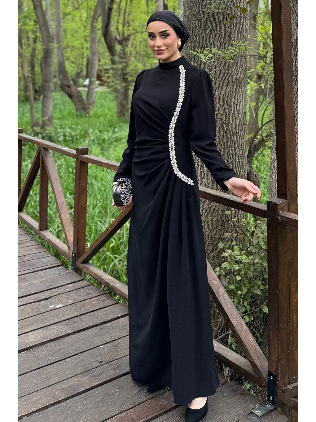 Siyah Kadın Taş İşlemeli Drapeli Büyük Beden Tesettür Abiye