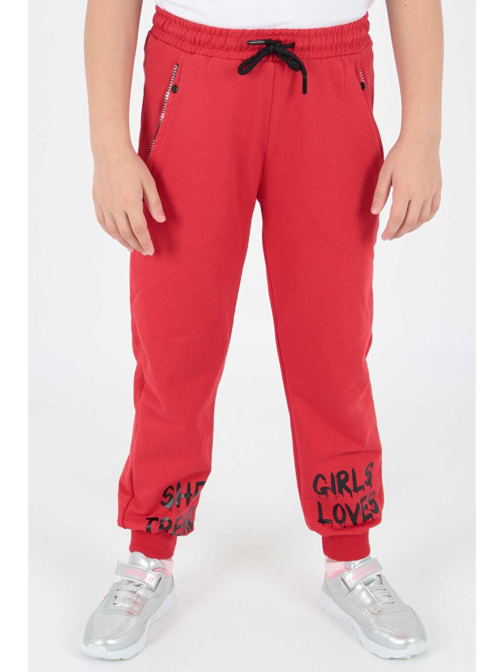 Kırmızı Kids Kız Trend Baskılı Eşofman Altı Cepli Bağcıklı Lastikli Dar Paça Eşofman Altı Ak722422-1