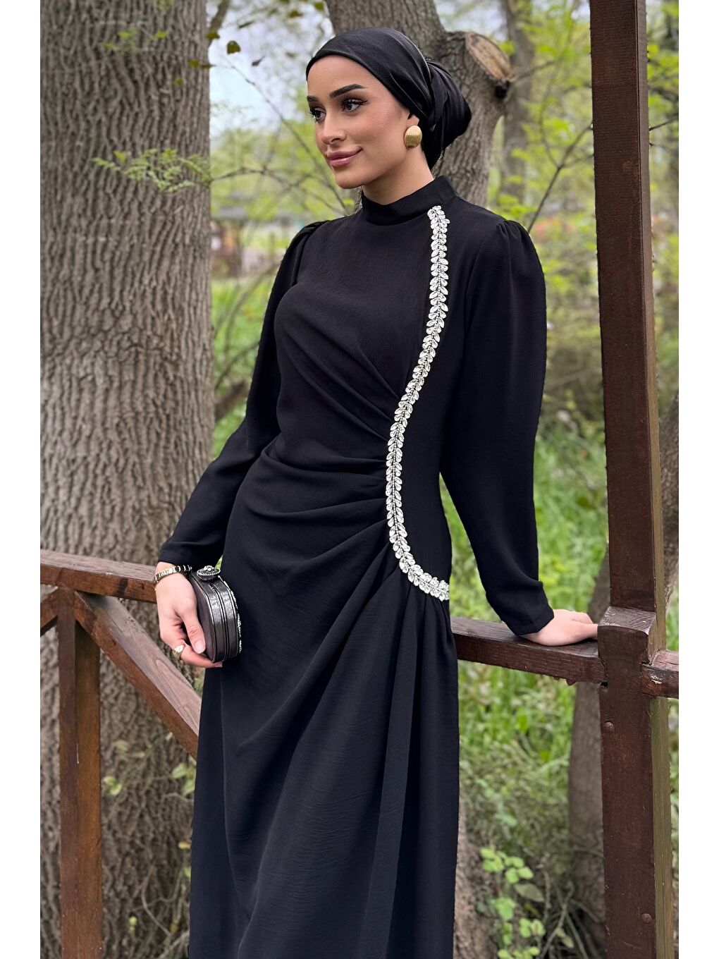 Siyah Kadın Taş İşlemeli Drapeli Büyük Beden Tesettür Abiye-2