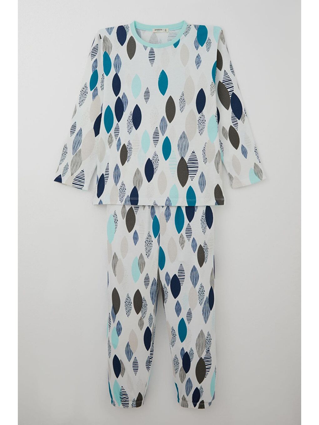 Erkek Çocuk Pijama Takımı Mavi Rüya Yaprak Desenli Beyaz (9-12 Yaş)