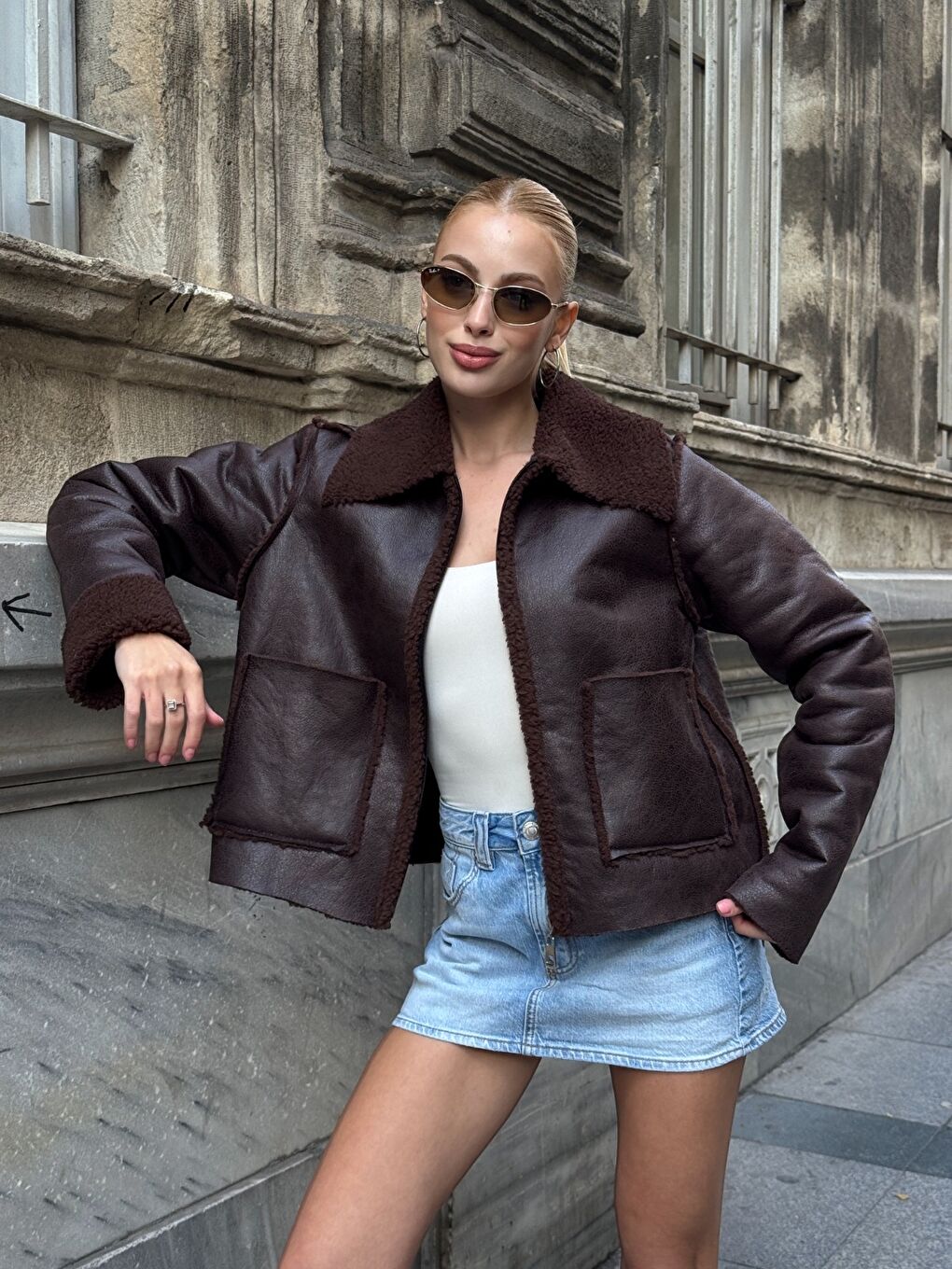 Kahverengi Antrasit Çift Cepli İçi Suni Kürklü Biker Mont-1