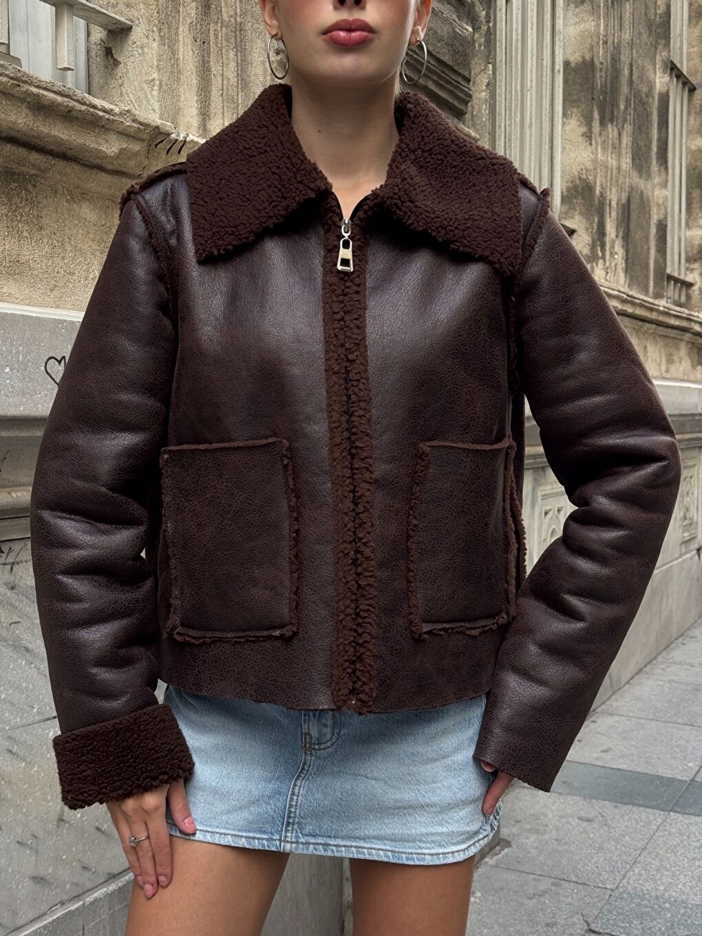 Kahverengi Antrasit Çift Cepli İçi Suni Kürklü Biker Mont-3