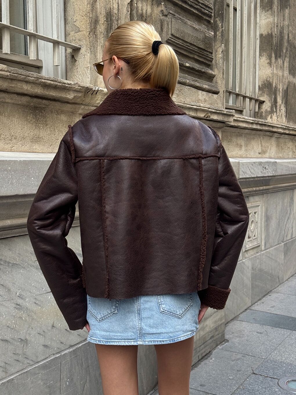 Kahverengi Antrasit Çift Cepli İçi Suni Kürklü Biker Mont-4
