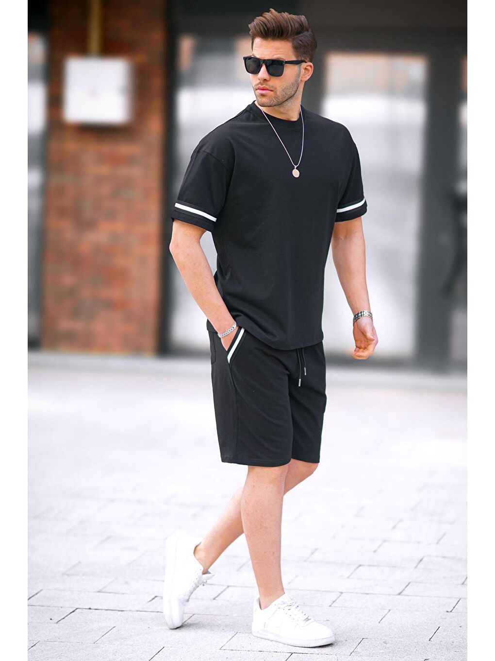 Siyah Bisiklet Yaka Erkek Şort %100 Pamuk Takımı 5951