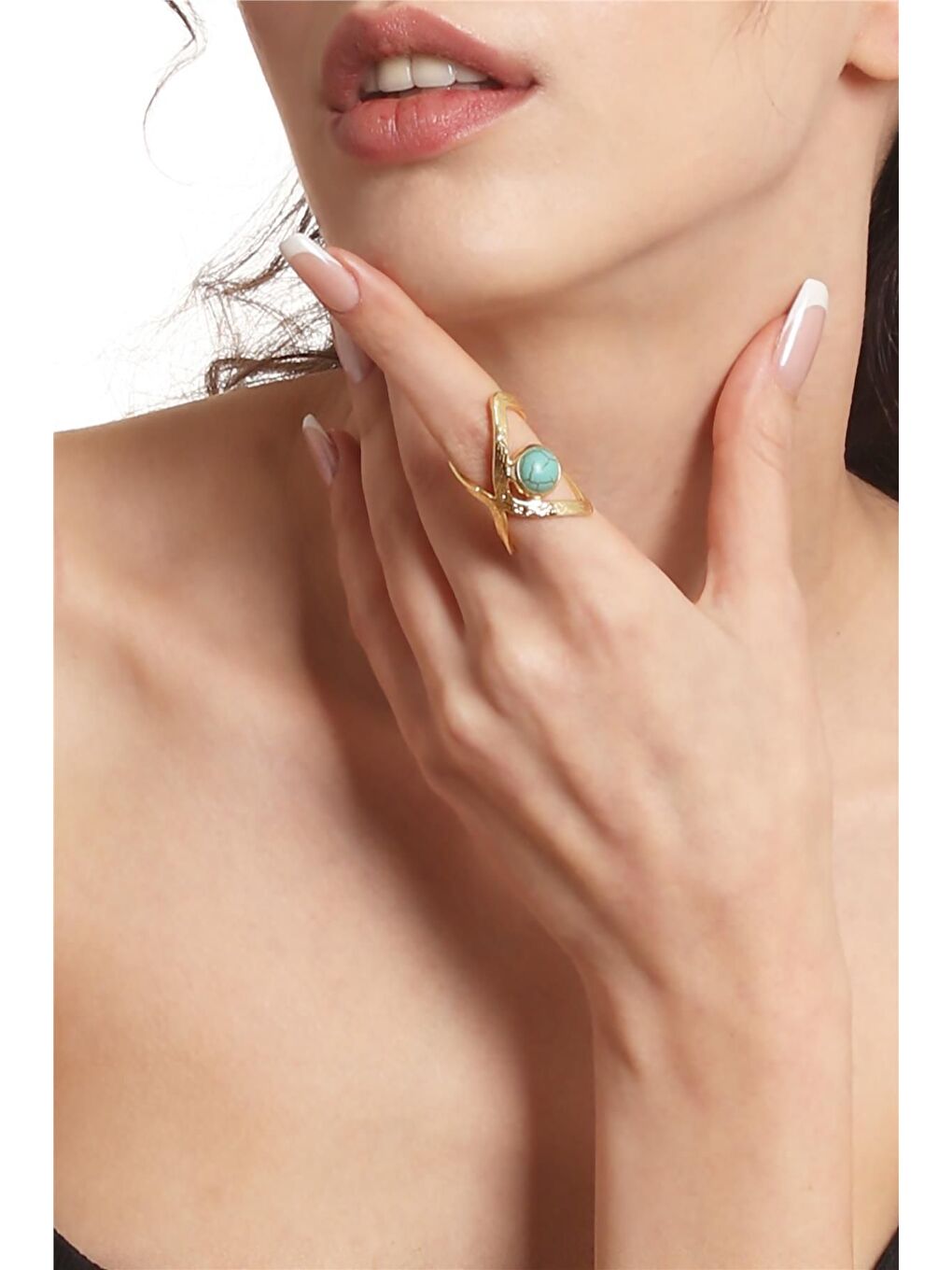 Sarı Kadın Lak Altın Kaplama Doğaltaşlı Ayarlanabilir El Yapımı Yüzük-2