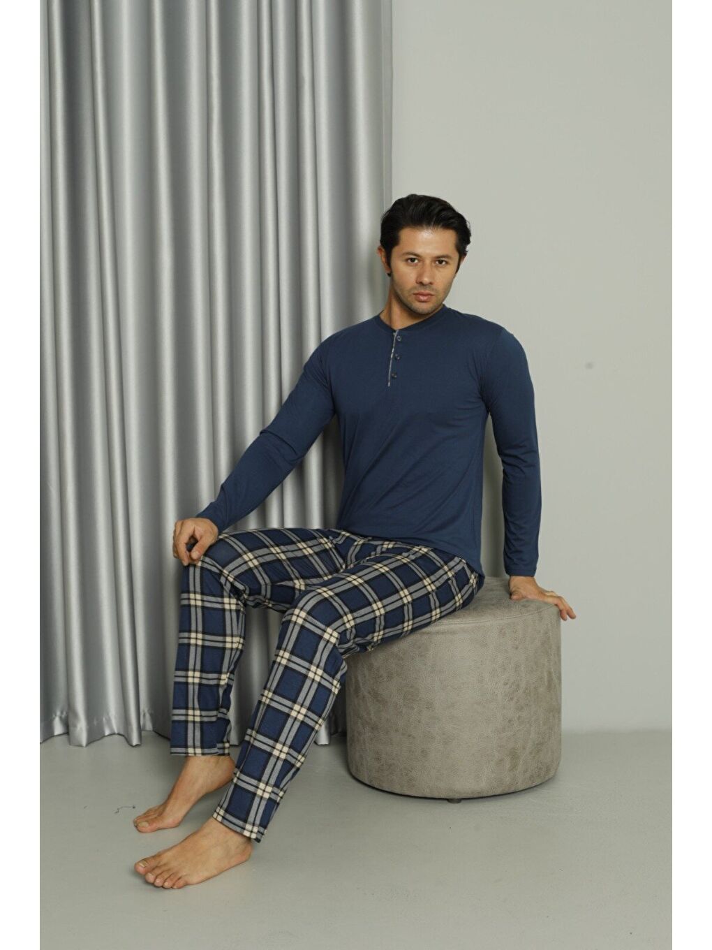 İndigo Erkek %100 Doğal Pamuk Ekoseli Uzun Kollu Düğmeli Yüksek Kaliteli Pijama Takımı