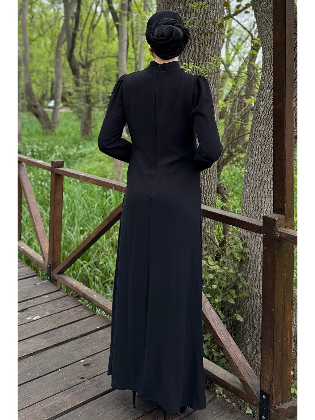 Siyah Kadın Taş İşlemeli Drapeli Büyük Beden Tesettür Abiye-8