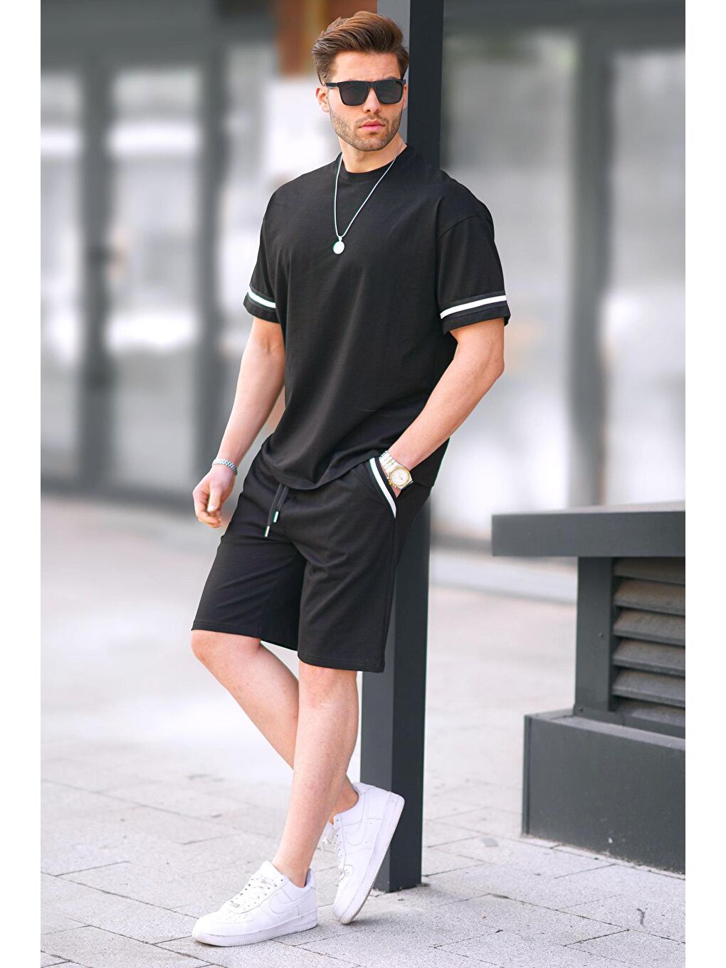 Siyah Bisiklet Yaka Erkek Şort %100 Pamuk Takımı 5951-1