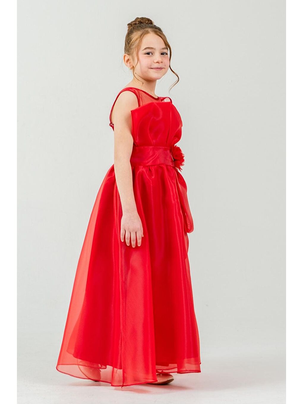 Kırmızı Kız Çocuk Organze Tül Çiçek ve Fiyonk Detaylı Gipe Sırtlı Prenses Abiye Elbise M00800-1