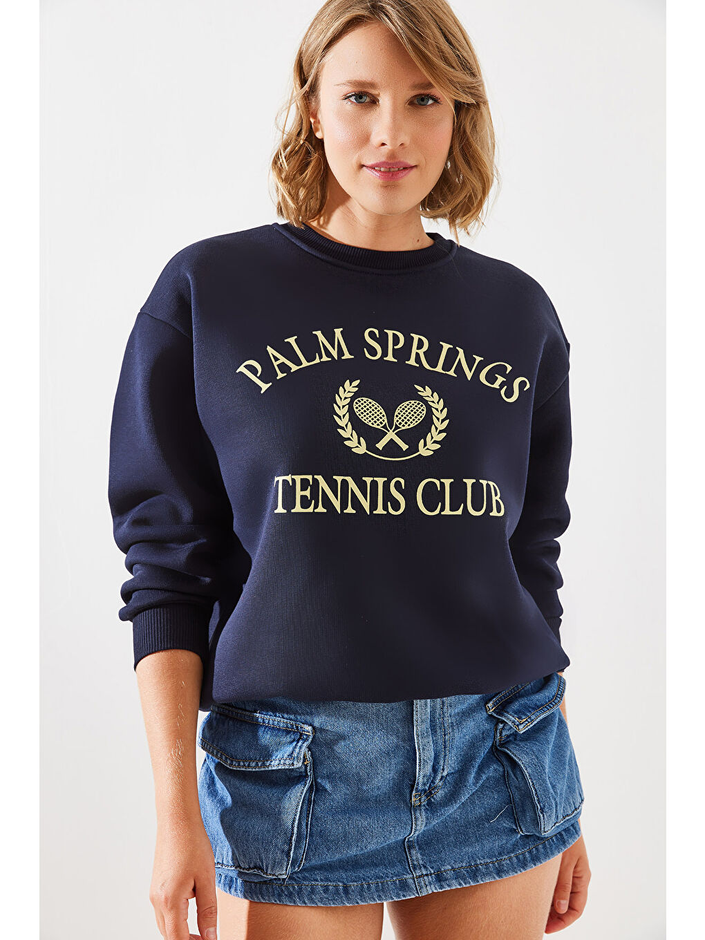 SHADE Lacivert Kadın Üç İplik Şardonlu Palm Springs Tenis Vintage Kolej Sweatshirt MBHS