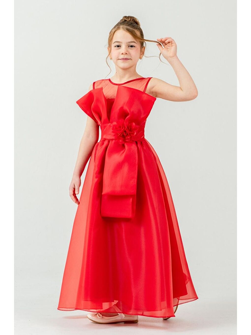 Kırmızı Kız Çocuk Organze Tül Çiçek ve Fiyonk Detaylı Gipe Sırtlı Prenses Abiye Elbise M00800-2