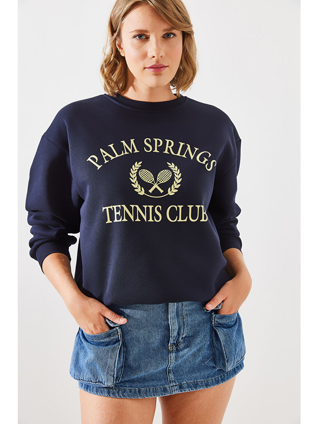 SHADE Lacivert Kadın Üç İplik Şardonlu Palm Springs Tenis Vintage Kolej Sweatshirt MBHS - 3