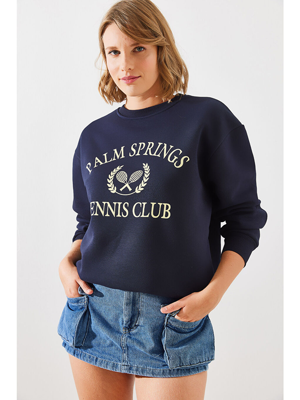 SHADE Lacivert Kadın Üç İplik Şardonlu Palm Springs Tenis Vintage Kolej Sweatshirt MBHS - 4