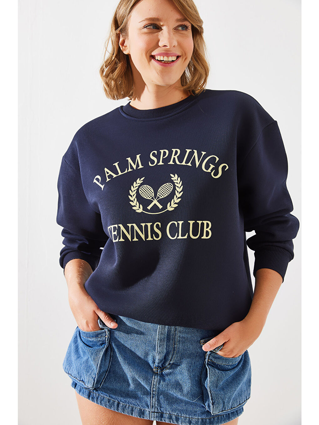 SHADE Lacivert Kadın Üç İplik Şardonlu Palm Springs Tenis Vintage Kolej Sweatshirt MBHS - 5