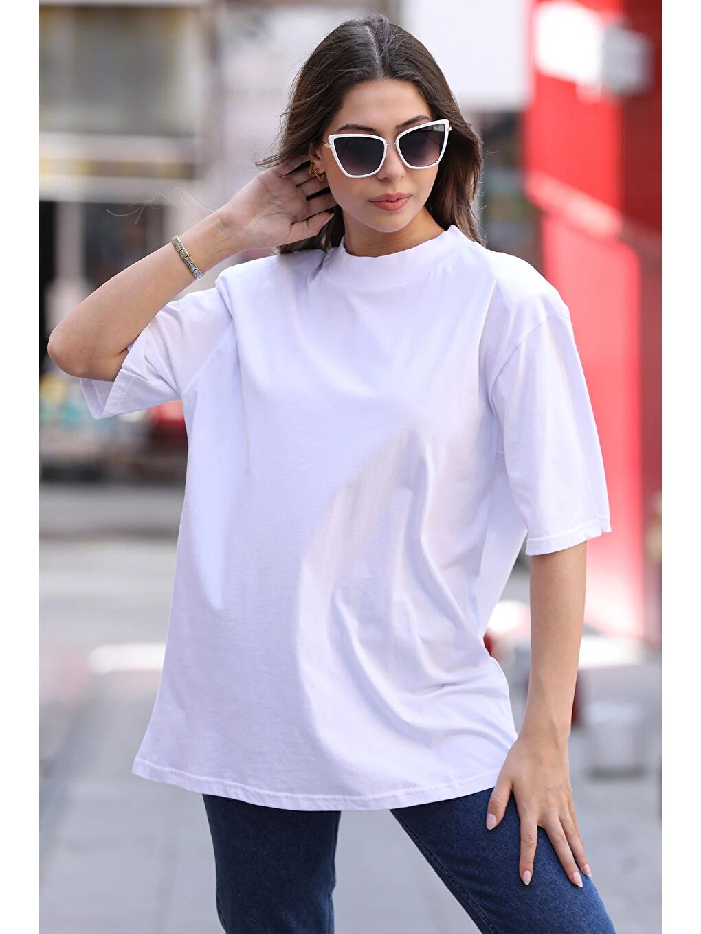 Beyaz Basic Salaş Kadın Tişört-2