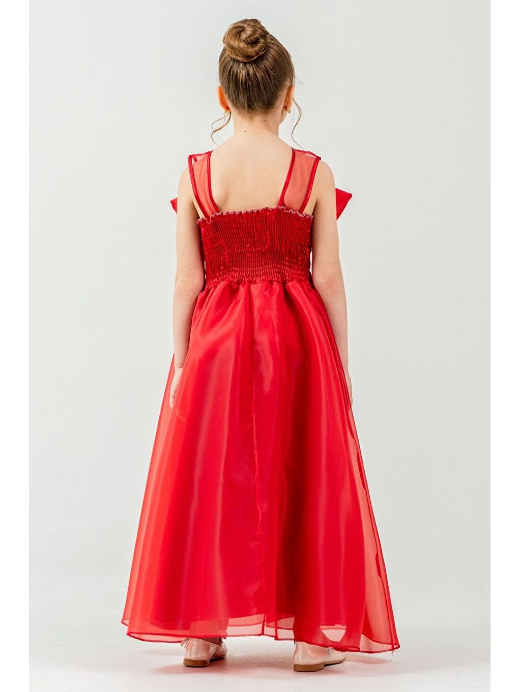 Kırmızı Kız Çocuk Organze Tül Çiçek ve Fiyonk Detaylı Gipe Sırtlı Prenses Abiye Elbise M00800-3