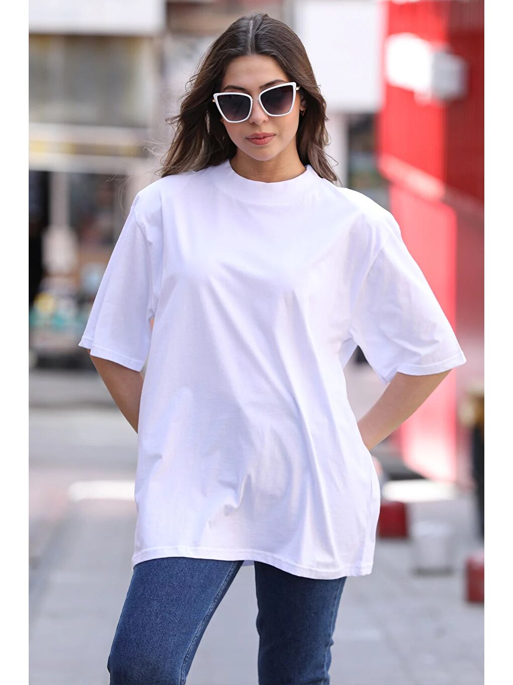 Beyaz Basic Salaş Kadın Tişört-3