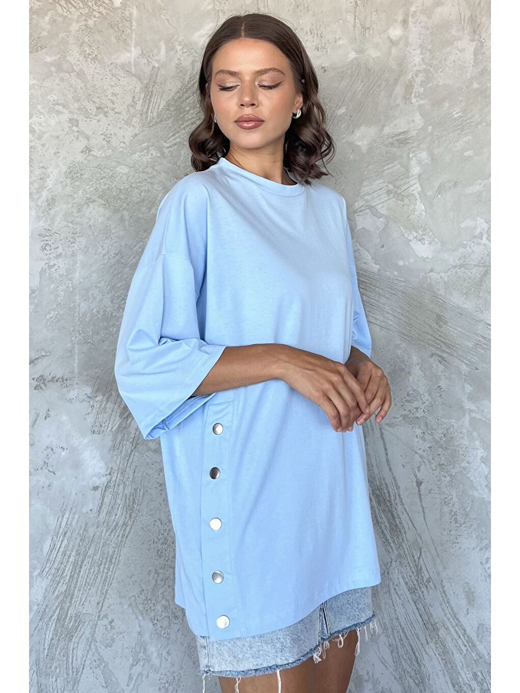 Mavi Yan Çıtçıtlı Oversize Tişört ( S-m-l-xl Uyumludur)-1