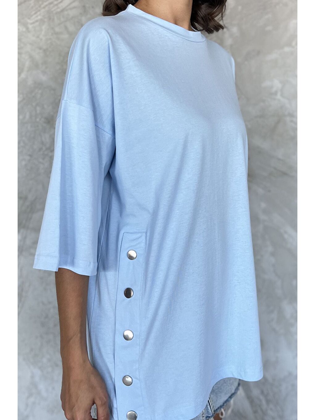 Mavi Yan Çıtçıtlı Oversize Tişört ( S-m-l-xl Uyumludur)-3