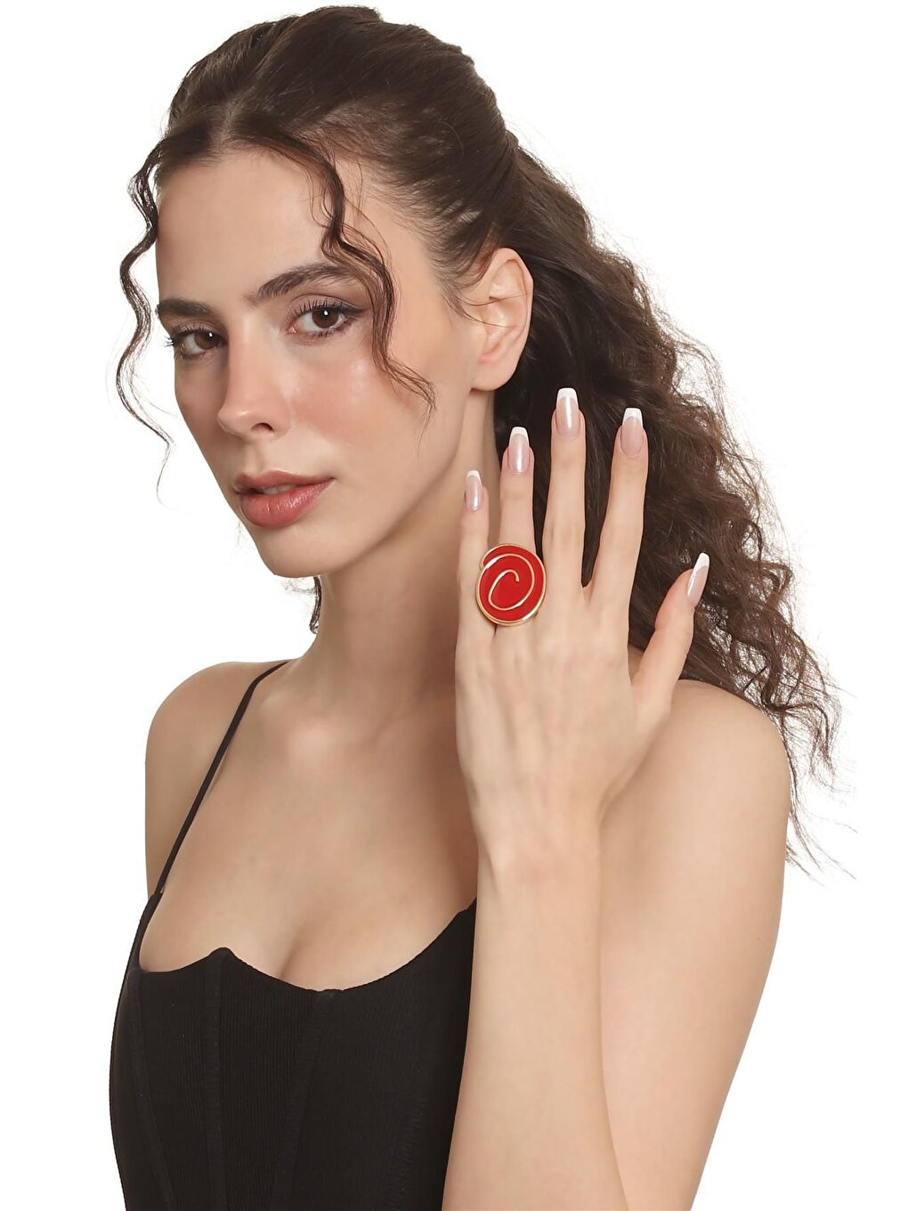 Kırmızı Kadın Altın Renk Lak Kaplama Ayarlanabilir Mineli Yüzük-4