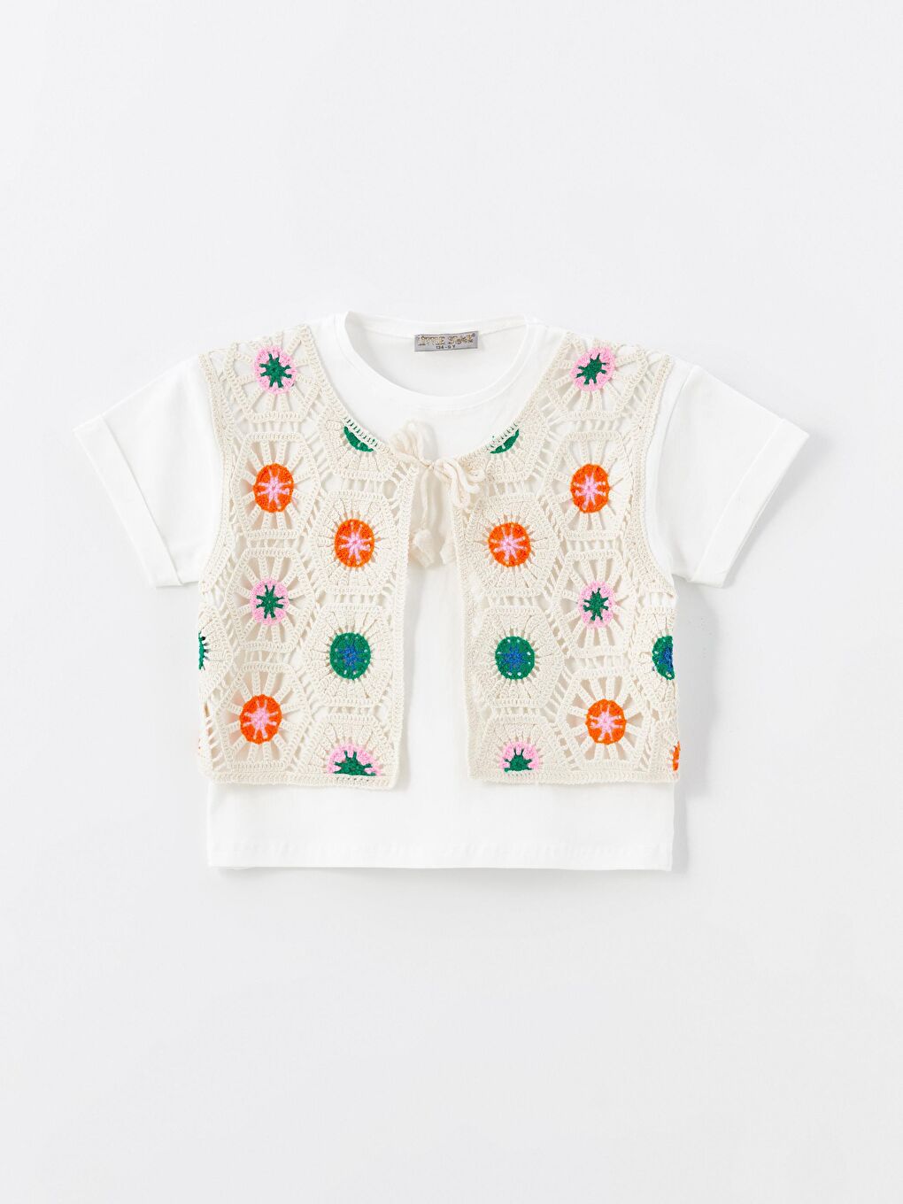Ekru Kız Çocuk Yelekli Dantelli Tişört