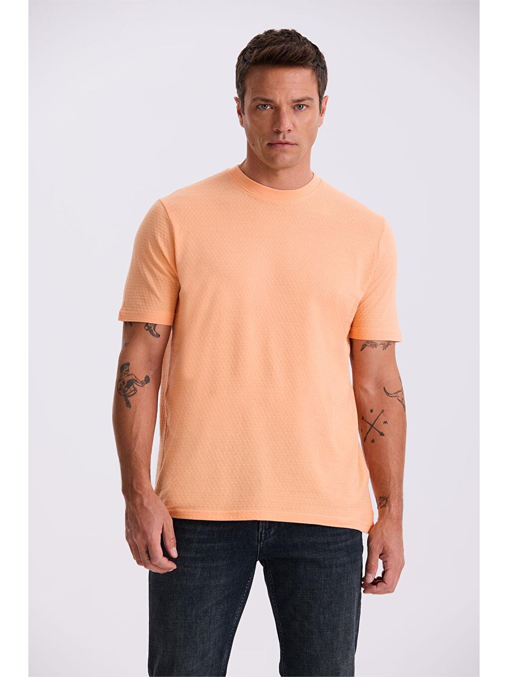 Turuncu %100 Pamuk Desenli Bisiklet Yaka T-Shirt