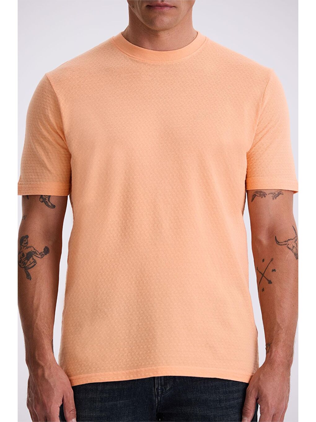 Turuncu %100 Pamuk Desenli Bisiklet Yaka T-Shirt-2