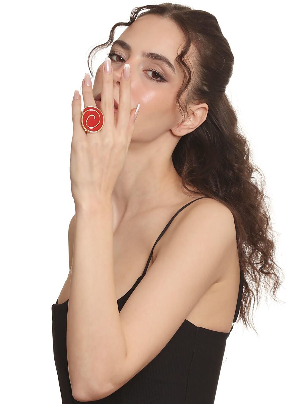 Kırmızı Kadın Altın Renk Lak Kaplama Ayarlanabilir Mineli Yüzük-6