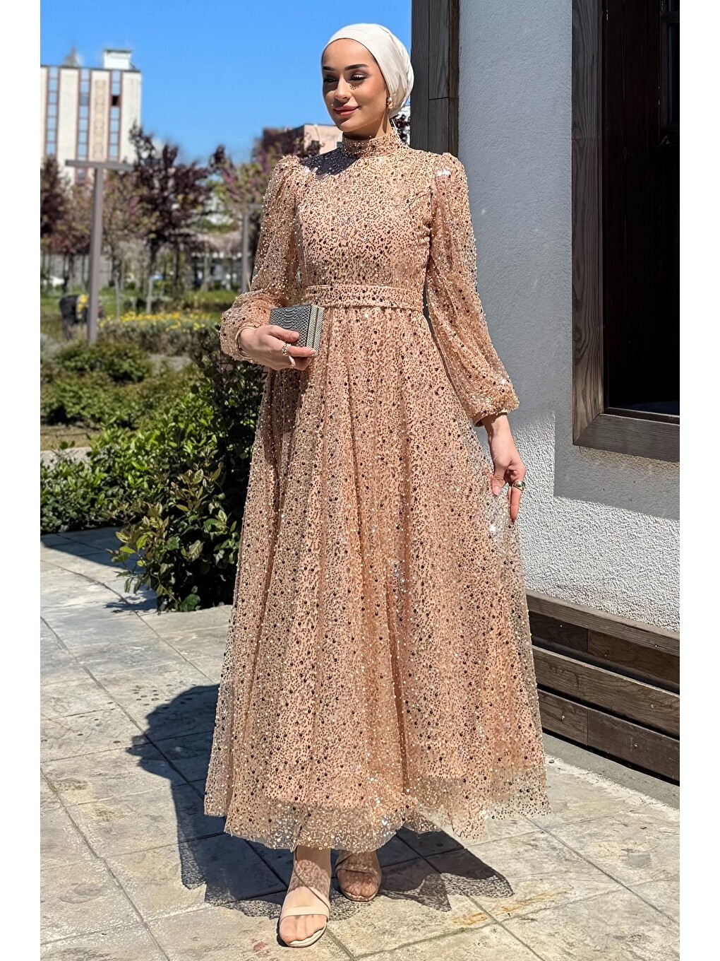 Bej Kadın Tüllü Pul Payet Boncuk İşlemeli Tesettür Abiye-1