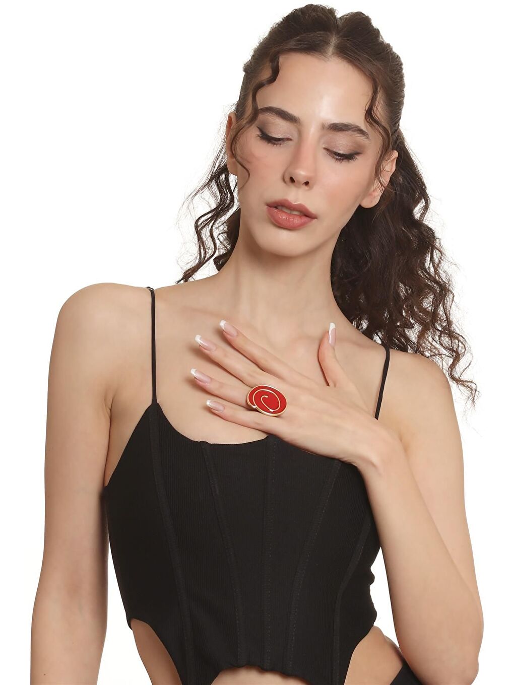 Kırmızı Kadın Altın Renk Lak Kaplama Ayarlanabilir Mineli Yüzük-7