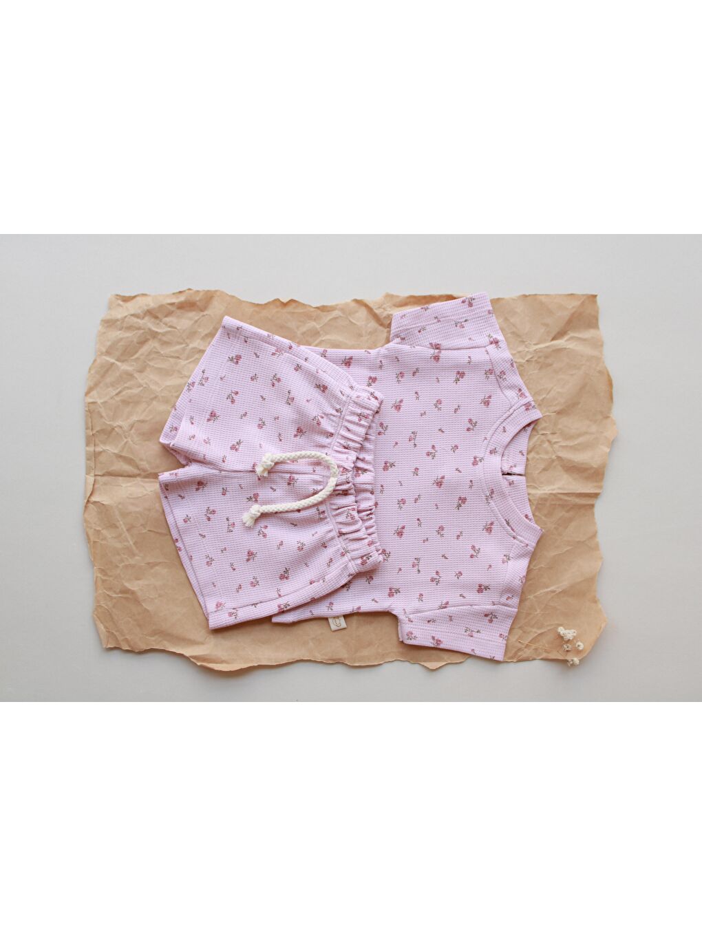 Pembe Çiçek Baskılı Waffle Şort Takım