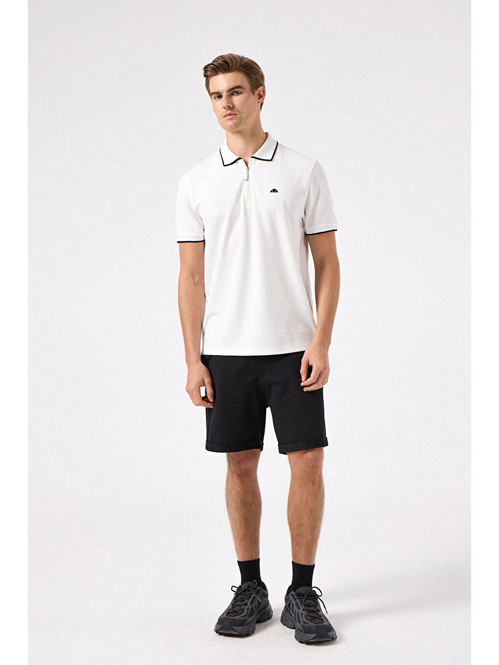 Beyaz % 100 Pamuk Şerit Detaylı Yarım Fermuarlı Polo Yaka T Shirt 6SM5006-OF-2