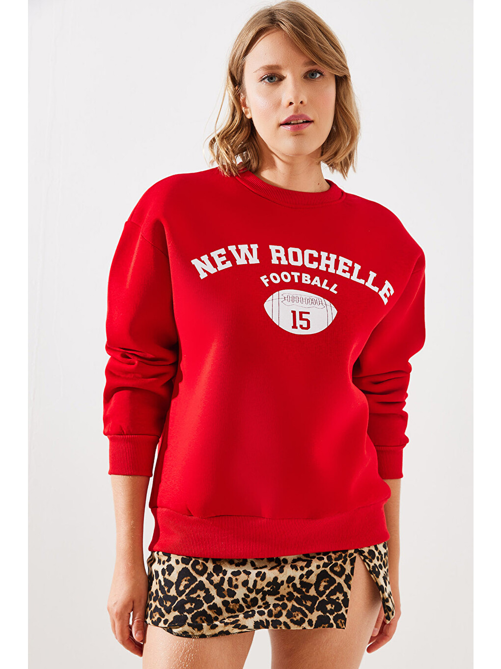 Kırmızı Kadın Üç İplik Şardonlu Rochelle Yazı Baskılı Sweatshirt Mbhs