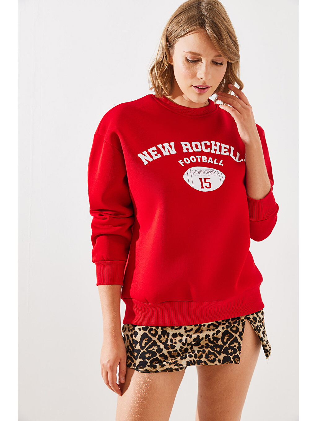 Kırmızı Kadın Üç İplik Şardonlu Rochelle Yazı Baskılı Sweatshirt Mbhs-1