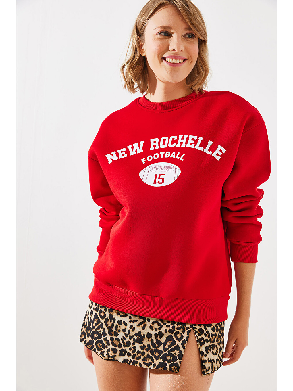 Kırmızı Kadın Üç İplik Şardonlu Rochelle Yazı Baskılı Sweatshirt Mbhs-2