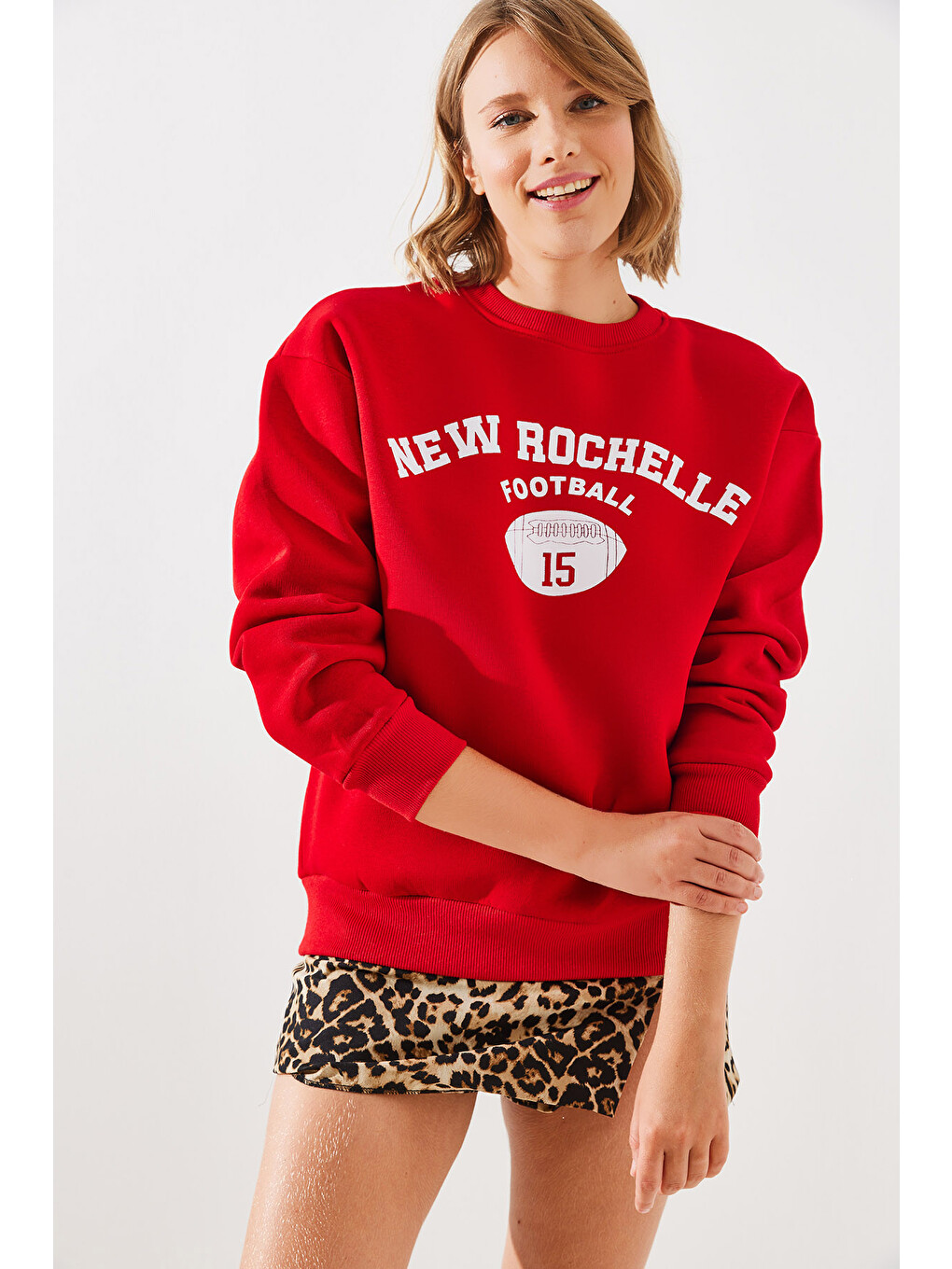 Kırmızı Kadın Üç İplik Şardonlu Rochelle Yazı Baskılı Sweatshirt Mbhs-3