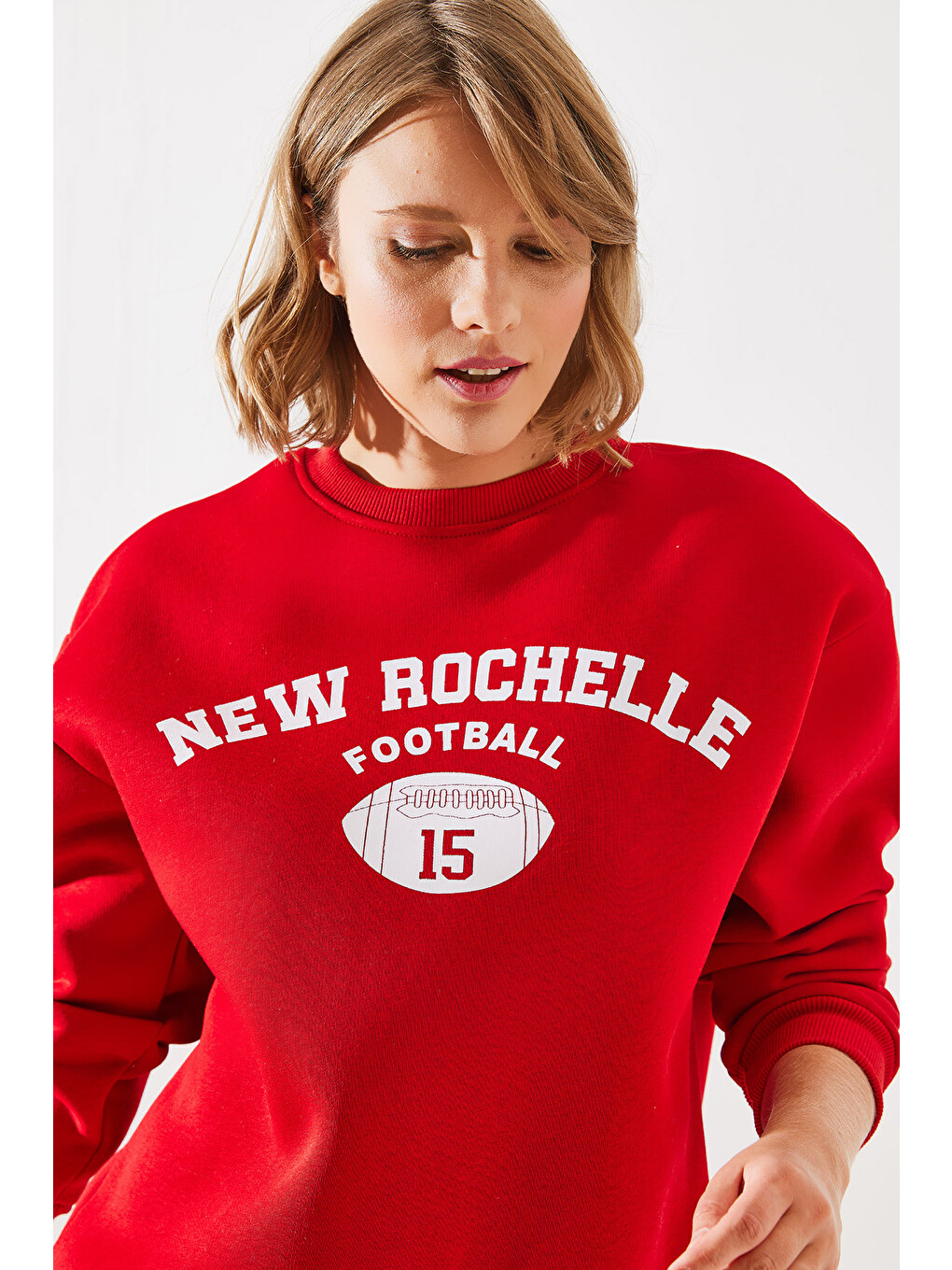 Kırmızı Kadın Üç İplik Şardonlu Rochelle Yazı Baskılı Sweatshirt Mbhs-4