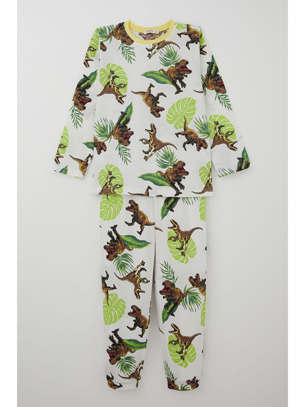 Erkek Çocuk Pijama Takımı Kükreyen Orman Dinozoru Beyaz (4-8 Yaş)