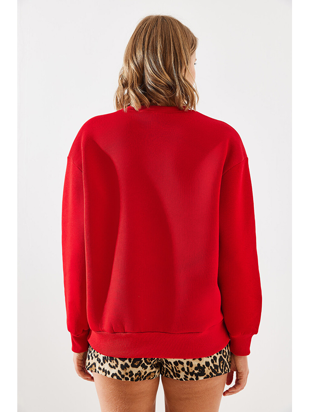 Kırmızı Kadın Üç İplik Şardonlu Rochelle Yazı Baskılı Sweatshirt Mbhs-5