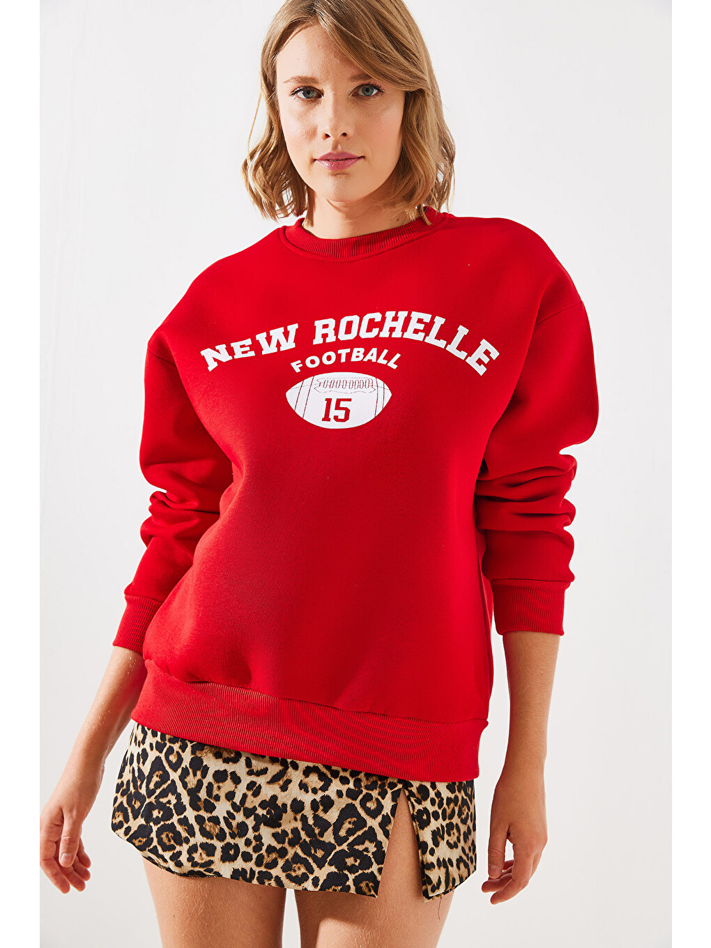 Kırmızı Kadın Üç İplik Şardonlu Rochelle Yazı Baskılı Sweatshirt Mbhs-6
