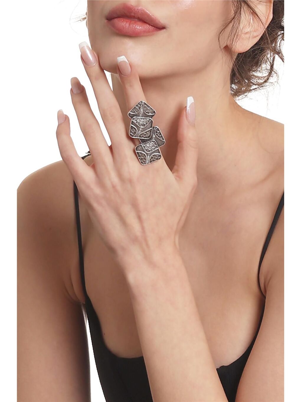 Gri Kadın Antik Gümüş Kaplama Ayarlanabilir Geometrik Parçalı Tasarım Yüzük-2